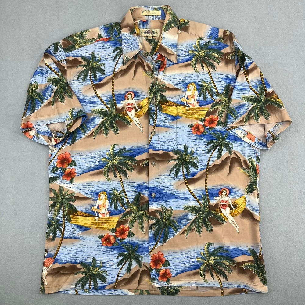 Campia Moda Mens M Hawaiian Shirt‎ Pin Up Hula Girl Tropical Cotton Button Down